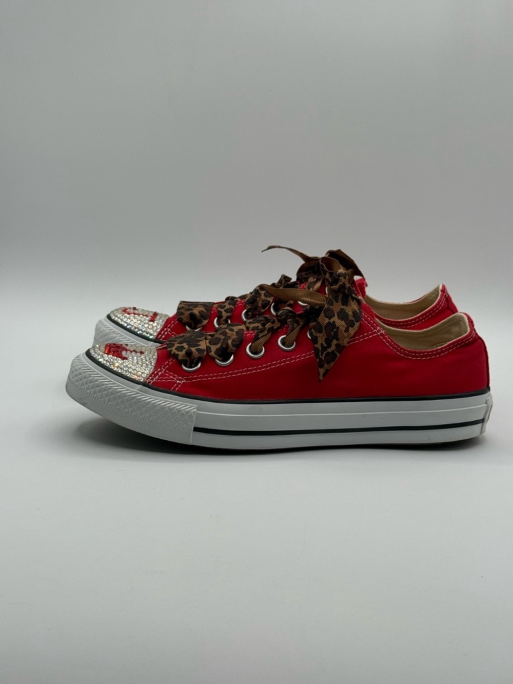 Custom Red Converse Sneakers w/ Leopard Laces & Rhinestone Low Top Chuck Taylors - Picture 5 of 16